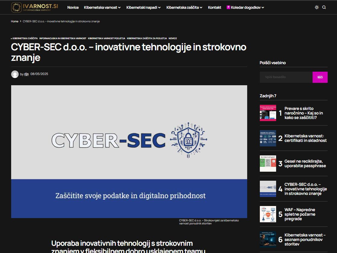 CYBER-SEC zdaj tudi uradno na seznamu ponudnikov storitev portala i-varnost